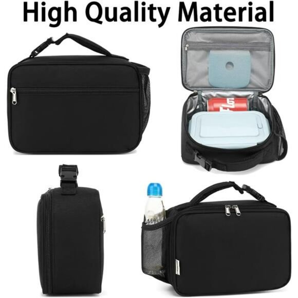 Black Insulated Lunch Box Bag for Kids Adults School Work Picnic Travel Cooler - Picture 6 of 7